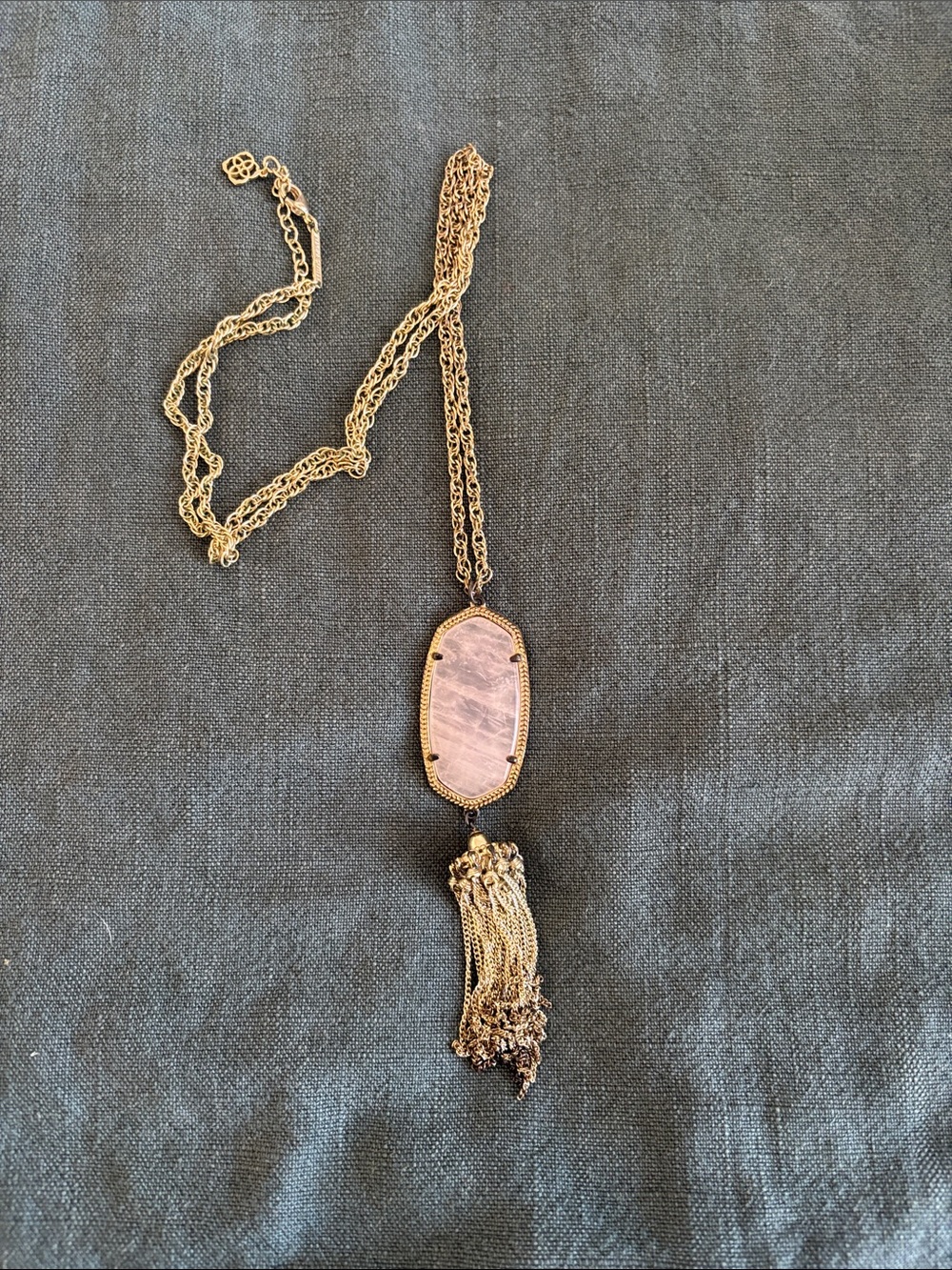 Kendra Scott Gold Necklace with Light Pink Stone and Tassel